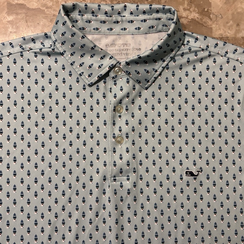 Vineyard Vines Polo Shirt Mens Medium Blue Sankaty On The Go OTG Ships Print